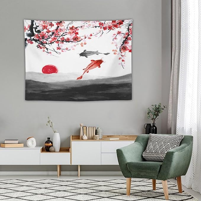 Japanese Koi Fish Tapestries, Cherry Blossoms Asian Oriental Flower Branch Koi Fish Carp Tapestry Wall Hanging for Bedroom Living Room Office Decor 40"x30"