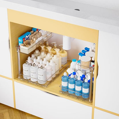 Yieach 2 Pack Kitchen Sink Organizer Under Cabinet,14.5 Inch Deep Clear Under Sink Storage Rack for Bathroom,Apartments and Small Space,Two Tier Pull Out Vanity Cabinet Organizer & Undersink Storage