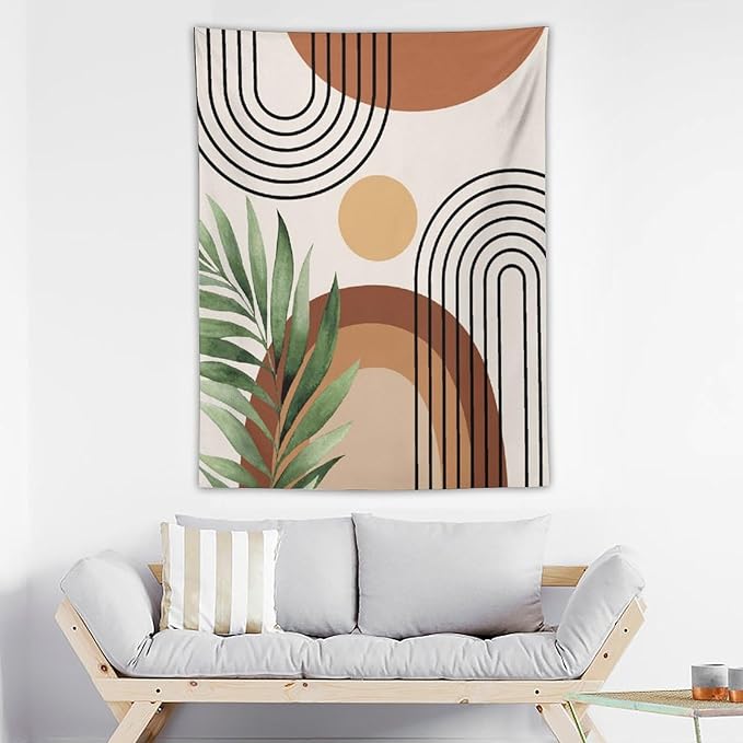 Abstract Bohemian Mid Century Tapestry, Tropical Leaves Modern Geometric Archway Minimalist Bohemian Botanical Aesthetic Wall Hanging, Sage Green Gold Home Decor Art for Bedroom 50x60 Inch