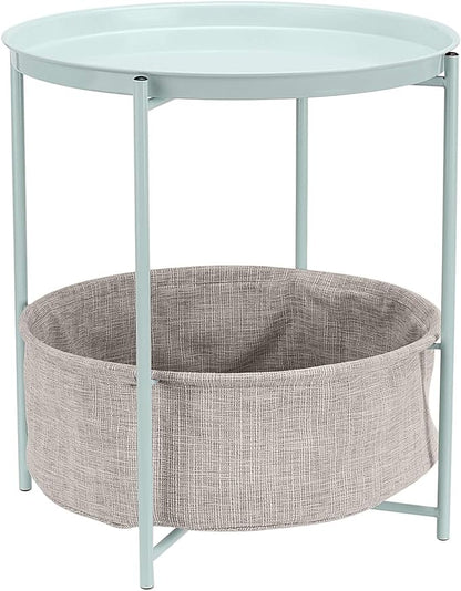 Amazon Basics Round Storage End Table, Side Table with Cloth Basket, Mint Green/Heather Gray, 18 in x 18 in x 19 in