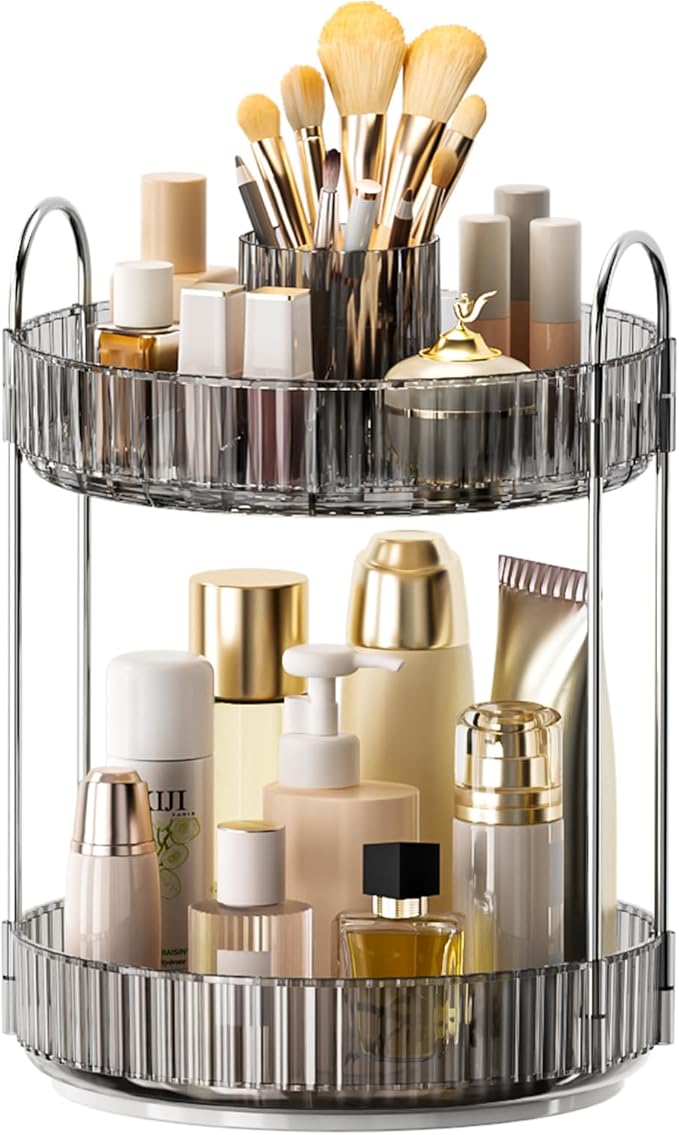 360° Rotating Makeup Organizer, Upgraded 2 Tier Skincare Perfume Organizers for Women, Bathroom Organizer Countertop, Clear Cosmetic Dresser Organizer with Makeup Brush Holder, Sink&Counter(Grey)