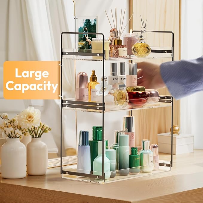 Bathroom Countertop Organizer, 3 Tier Metal Vanity Counter Skincare Shelf, Matte Black Under Sink with Acrylic Tray, Home Storage Holder for Makeup Cosmetics Perfume Spice,Black+Clear