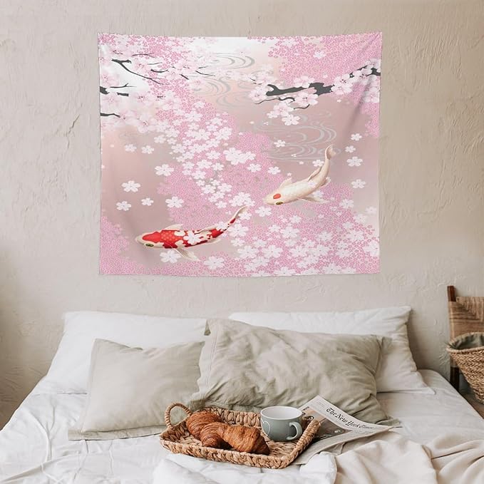 Houselerax Japanese Koi Fish Tapestry, Cherry Blossoms Asian Oriental Pink Flower Branch Koi Fish Carp Tapestries Wall Hanging for Bedroom Living Room Office Decor 60"x50"