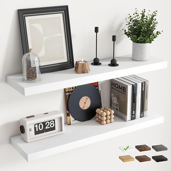 36 Inch Floating Shelves for Wall Set of 2, 8"D Wood Grain Bathroom Shelves with Invisible Brackets, Easy Install Engineered Wood Storage Shelves for Kitchen, Living Room, Bedroom, White Finish