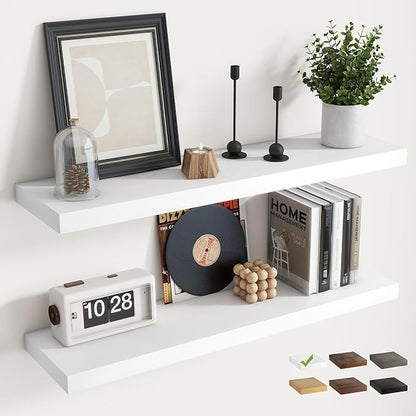 36 Inch Floating Shelves for Wall Set of 2, 8"D Wood Grain Bathroom Shelves with Invisible Brackets, Easy Install Engineered Wood Storage Shelves for Kitchen, Living Room, Bedroom, White Finish