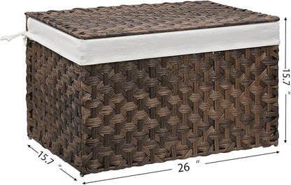 Wicker Storage Basket with Lid, 27.7 Gallon (105L) Large Blanket Basket with Lid, Woven Storage Bin with Handles, Removable Liner, Metal Frame, Foldable, for Bedroom, Laundry Room, Brown