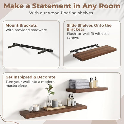 40 Inch Floating Shelves for Wall Set of 2, 8"D Wood Grain Bathroom Shelves with Invisible Brackets, Easy Install Engineered Wood Storage Shelves for Kitchen, Living Room, Bedroom, Walnut Finish