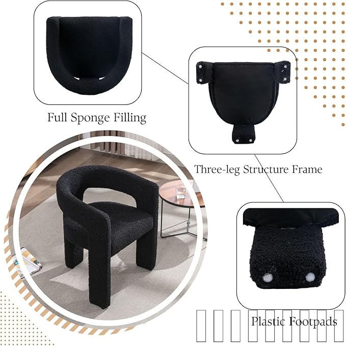 Black Sherpa Dining Chairs Set of 2, Modern Barrel Dining Room Chairs Upholstered Faux Fur Accent Chair with Arms and Round Back for Living Room Kitchen Armchair No Assembly Needed