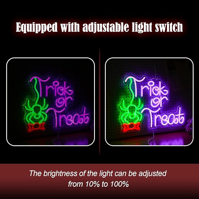 Trick Or Treat Neon Sign Funny Spider Candy LED Neon Light for Wall Decor Dimmable USB Halloween Light Up Sign for Halloween Party Home Neon Decor (16.7 * 12.8In)