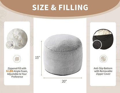 Boho Ottoman Living Room Furniture 20"x15" Large Round Ottomans Pouf Couch Foot Rest Grey Pouf Ottoman Foot Rest with Foam Chunk Filling Pouffe Ottomans Stuffed Foot Rest Poufs for Couch