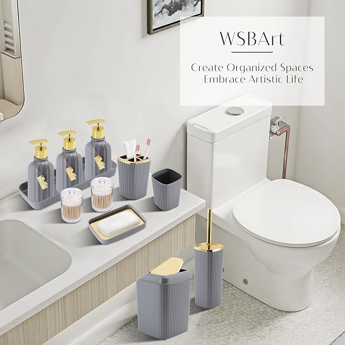 17PCS Bathroom Accessory Set Bathroom Set Grey Bathroom Accessories,Toilet Brush,Trash Can, Qtip Holder Dispenser& 3PCS Soap Dispenser