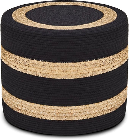 Wimarsbon 18'' Ottoman Pouf, Natural Braided Poof, Rustic Handweave Lounge Pouffe, Boho Footrest Stool for Bedroom, Accent Table or Seat for Living Room (Natural Water Hyacinth + Black Cotton Rope)