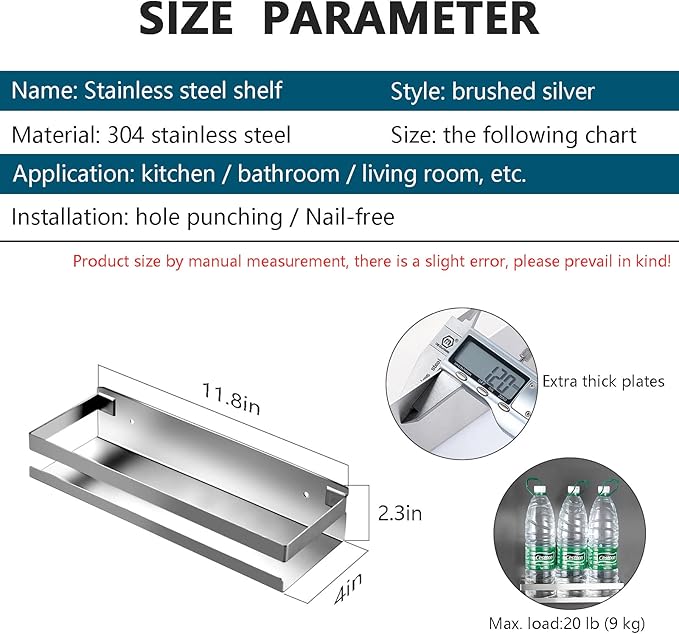 Rustproof Metal Storage Floating Shelves Wall Mounted Rectangular Shelf for Bedroom,Bathroom, Living Room, Kitchen, and Laundry Room,Nail-Free Wall-Mounted Shelves（11.8 Inch Silver）