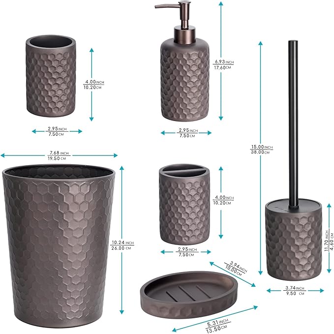 zccz Bathroom Accessory Set - 6 pcs Bronze Bathroom Accessories Set with Trash Can, Toothbrush Holder, Toothbrush Cup, Soap Dispenser, Soap Dish, Toilet Brush with Holder - Accessoire Salle de Bain