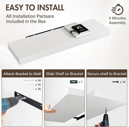 40 Inch Floating Shelves, 12" Deep Floating Shelf Wall Mounted, 40" Wall Shelves, Rustic Deep Bookshelf, Extra Deeper & Thicker Display Shelves for Bedroom, Living Room, White, Set of 2