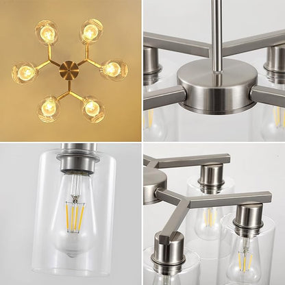 6-Light Farmhouse Brushed Nickel Chandelier,Modern Chandeliers for Dining Room Light Fixture Over Table,Adjustable Hanging Industrial Rustic Pendant Lights Kitchen Island Light with Clear Glass Shade