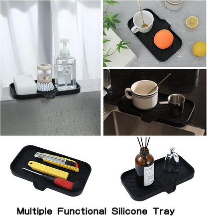 Silicone Bathroom Soap Dishes with Drain Spout-Bathroom and Kitchen Sink Organizer,Sponge Holder,Dish Soap Tray,Perfect for Dispenser,Scrubber,Bottle,Cup on Sink or Counter-Black 9.6"×5.3"