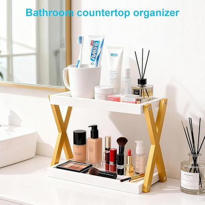 Bathroom Counter Organizer with Basket, Wooden Sink Shelf for Vanity Storage, Storage Organizers for Bathroom, Kitchen, Dresser (Gold-White)
