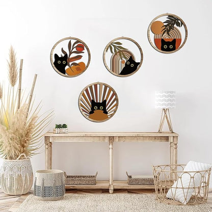 RETRART Boho Black Cat Wall Art Black Cat Room Decor Aesthetic, 4-Piece Farmhouse Geometric Wooden Cat Wall Decor Mid-Century Bohemian Moon Sun Design for Nursery, Bedroom Perfect Cat Lover Gifts