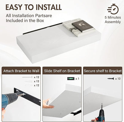 24 Inch Floating Shelves, 12" Deep Floating Shelf Wall Mounted, 24" Wall Shelves, Rustic Deep Bookshelf, Extra Deeper & Thicker Display Shelves for Bedroom, Living Room, White, Set of 2