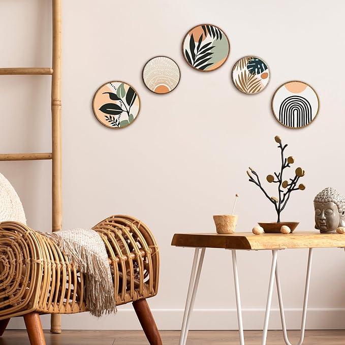 Qunclay 5 Pcs Wall Art Decor Wooden Living Room Wall Decor Bohemian Hanging Farmhouse Geometric 10'' and 8'' Aesthetic Wood Minimalist Posters for Bedroom(Boho, Leaf)
