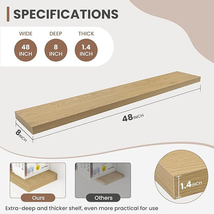 48 Inch Floating Shelves, 8 Inch Deep Floating Shelves for Wall, Hanging Shelf with Invisible Brackets, Deep Shelves for Bathroom, Bedroom, Living Room, Oak, Set of 1
