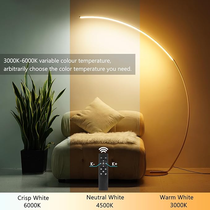 NUÜR Arc Floor Lamp, 67" Tall Gold LED Modern Standing Floor Lamp with Remote Control, Arched Bright Floor Lamps for Living Room Bedroom Office Home
