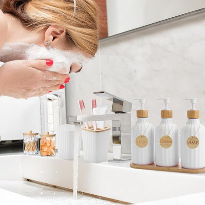 Bathroom Accessories Set White Bathroom Set with Trash Can,3PCS Lotion Soap Dispenser, Toothbrush Holder, Soap Dish,Tumbler Cup,6pcs Wood Tags White Bath Accessories with Tray for Bathroom Decor