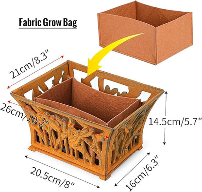 Sungmor Heavy Duty Cast Iron Planter Basket w/Non-Woven Growing Bag, Unique Shape & Beautiful Pattern Design, Hollow Orchid Flower Pot Garden Tools Holder, Full Rusted French Country Decor Container