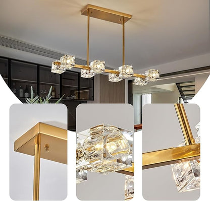Dining Room Light Fixture,Gold Modern Crystal Chandelier Rectangular Pendant Light with 8 Light Farmhouse Chandeliers for Kitchen Island Dining Room Living Room Bedroom