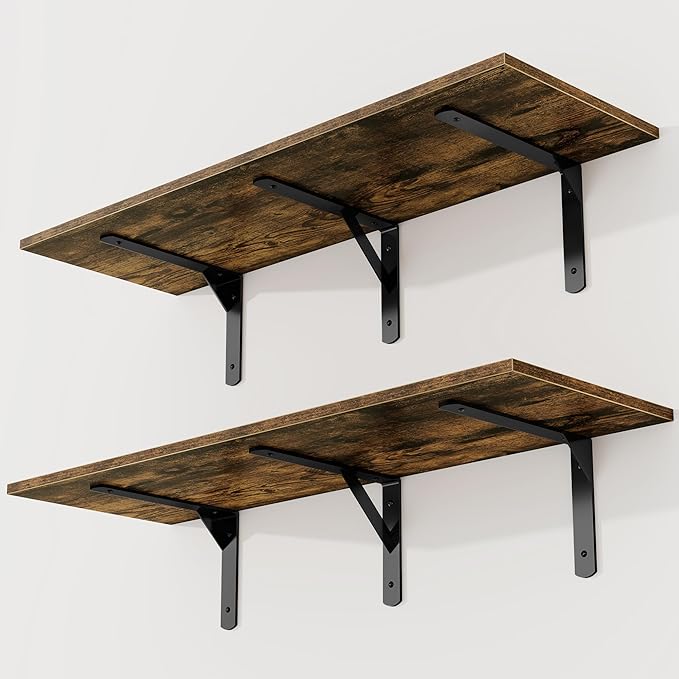 36 Inch Floating Shelves Wall Mounted, 12 Inch Deep Wall Shelves with Visible Brackets, Deep Bookshelf for Home, Rustic Bathroom Shelf, Deep Shelves for Plant, Books, Rustic Brown, Set of 2