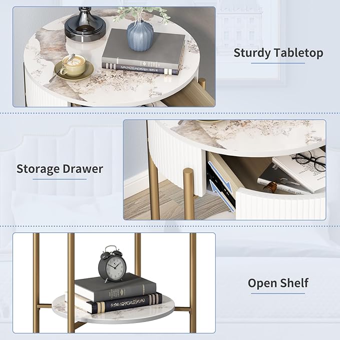 OIOG Modern End Table with Storage Drawer, Round 2-Tier Nightstand with Shelf, Gold Side Table with Metal Legs for Living Room, Bedroom, Office, Marbling Natural Stone/Gold