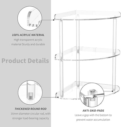 3 Tier Acrylic Corner Shelf Organizer Storage 9.5x9.5x15.7 Inch, Transparent Countertop Corner Shelf for Bathroom, Kitchen, Bedroom, Office, Study Room