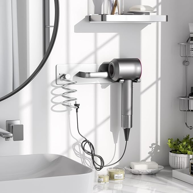 Tindbea Hair Dryer Holder Curling Iron Holder Flat Iron, Blow Dryer Holder Wall Mount, 3 in 1 Bathroom Hair Tool Organizer Rack for Universal Dryer, Silver Color