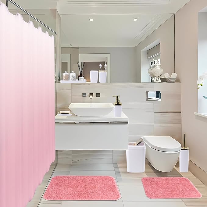 24Pcs White Bathroom Set with Shower Curtain and Rug and Accessories, White Bathroom Accessories with Trash Can,Soap Dispenser,Soap Dish,Toilet Brush,Toothbrush Holder and Cup,Q-Tip Holders