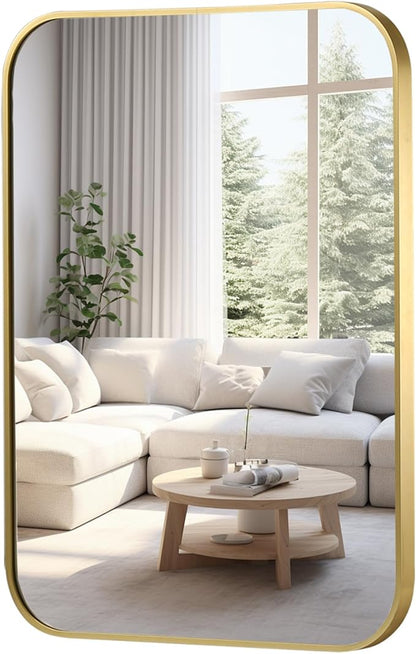 FARMER 26x38 Inch Gold Bathroom Mirror, Rectangle Vanity Mirror, Brushed Mirrors for Wall, Metal Frame Hanging Mirror with Round Corner for Bedrooms, Entryways, Living Rooms, Horizontal/Vertical