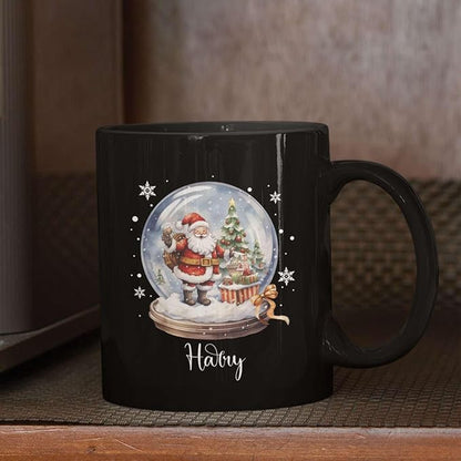Custom Snow Ball Design Mug With Name, Personalized Black Cup 11oz 15oz, Snow Ball With Santa Claus And Christmas Tree Inside Design, Customized Christmas Themed Coffee Cup