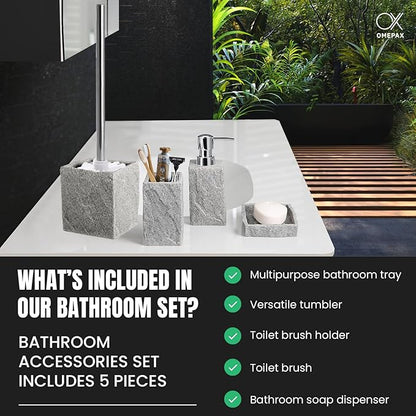Bathroom Accessories Set - Soap Dispenser, Toothbrush Holder, Soap Dish, Toilet Brush & Toilet Brush Holder - Grey Stone Bathroom Accessories Set - Modern Bathroom Organizer Set (Silver)