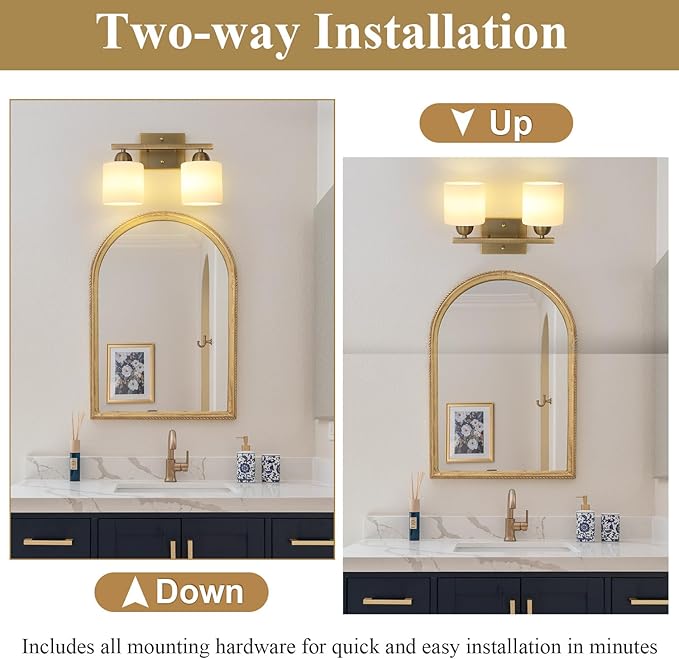 Stainless Steel Milk Glass Vanity Lights for Bathroom, 2 Light Brass Bathroom Light Fixtures Over Mirror, Ceramic E26 Sockets Wall Mounted