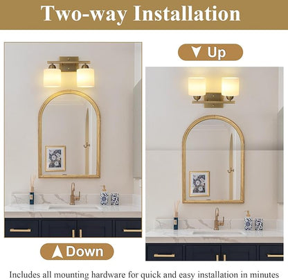 Stainless Steel Milk Glass Vanity Lights for Bathroom, 2 Light Brass Bathroom Light Fixtures Over Mirror, Ceramic E26 Sockets Wall Mounted