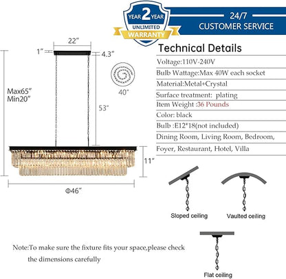 Crystal Chandeliers for Dining Room Light Fixtures Over Table，18-Lights Black Modern Rectangle Chandeliers for Kitchen Island Bar L46 Inch