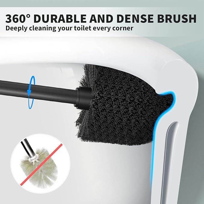 UPTRONIC Toilet Brush, Toilet Bowl Brush with Extra Long Handle Durable Bristles Toilet Scrubber and Covered Holder for Toilet Brush Set for Bathroom Cleaning (Black, 1 Set)