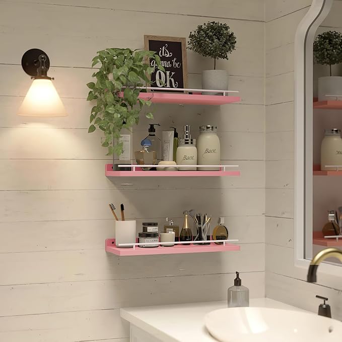 WOPITUES Floating Shelves with Metal Guardrail, Shelves for Wall Decor Set of 3, Wall Shelves for Bedroom, Bathroom, Kitchen, Living Room, Plants, Picture Frames, Art-Pink