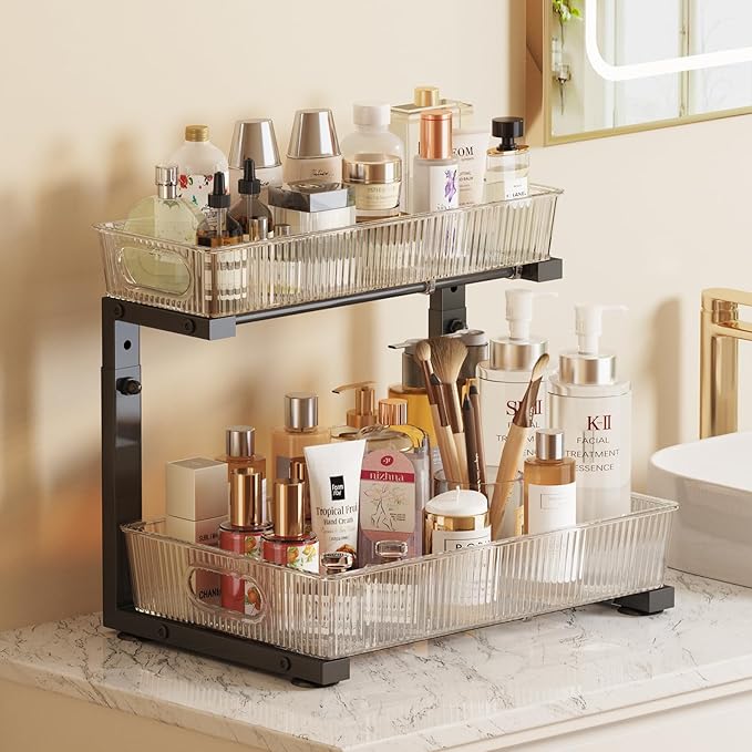 2 Pack Under Sink Organizer, 2-Tier Pull Out Cabinet Organizer, Elegant Acrylic Under Sink Storage Shelf for Kitchen Bathroom Cabinet, L-Shaped Adjustable Height for Maximum Space Efficiency-Black