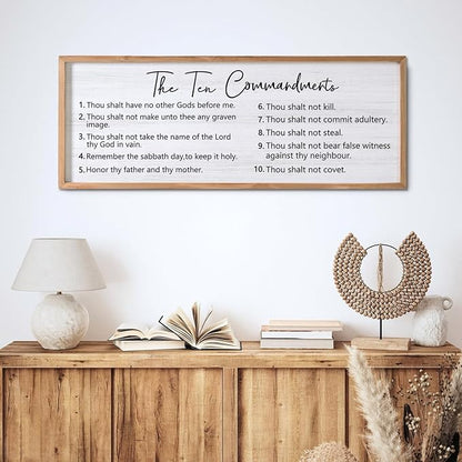 The Ten Commandments Rustic Bible Verse Framed Wall Art, 40''×15'' Positive Religious Christian Saying Sign for God Jesus Christ Prayer, Vintage Horizontal Holy Inspirational Catholic Scripture Decor