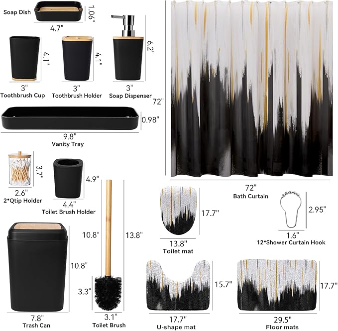 Black Bathroom Accessories Set - 24PCS Bathroom Sets with Shower Curtain and Rugs,Waterproof Black and White Shower Curtain Set, Toilet Brush, Trash Can & Soap Dispenser