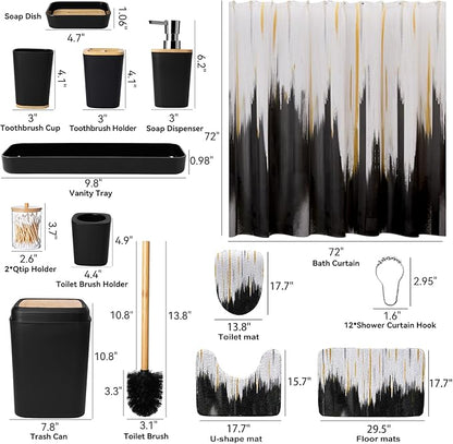 Black Bathroom Accessories Set - 24PCS Bathroom Sets with Shower Curtain and Rugs,Waterproof Black and White Shower Curtain Set, Toilet Brush, Trash Can & Soap Dispenser