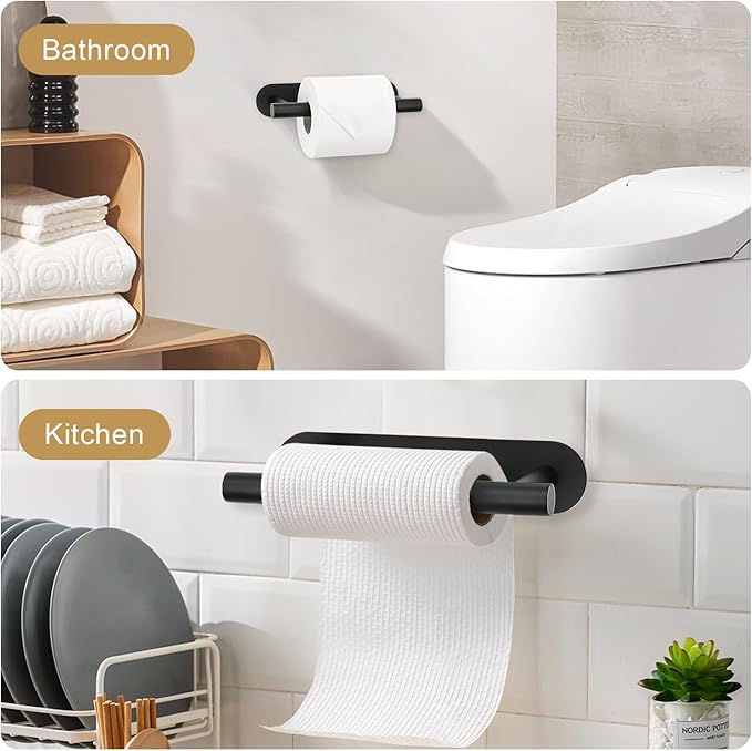 Self Adhesive Matte Black Toilet Paper Holder, SUS304 Stainless Steel Toilet Roll Holder, Double Base Paper Towel Holder Wall Mount No Drilling for Bathroom, Kitchen, Washroom