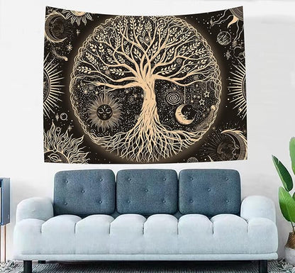 FORATER Tree of Life Tapestry Wall Hanging Sun Moon Stars Tapestries Aesthetic Galaxy Wall Tapestry Nature Home Decoration for Living Room Bedroom(53 x 61 Inch, Black and Gold)