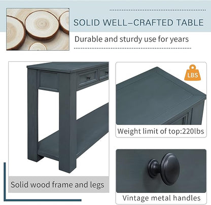 Solid Wood Console Table, Long Sofa Table Entryway Table with 4 Drawers and Bottom Shelf for Hallway Living Room Couch Table,Fully Assembled (63" Navy)